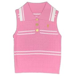 New women block stripe logo letter embroidery stretchy turn down collar Colour knitted designer tank tops camis SML