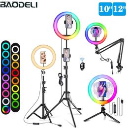 Continuous Lighting 12 inch 30cm selfie ring light RGB tripod phone holder photography ring light circular fill light LED color light pleated makeup Y240418