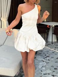 Casual Dresses Wsevypo Women One-shoulder Straps Bubble Mini Dress Summer 2024 Sleeveless Knit Ribbed Patchwork A-line Party