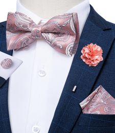 Pre-tied Bow Ties for Men Pink Paisley Jacquard Butterfly Knot Pocket Square Cufflinks Corsage Set for Wedding 240418
