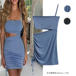 Casual Dresses INS Stylish Drawstring Single-Shoulder Suspender Sheath Dress Hollow-out Midriff Asymmetrical Ruched Lace-up Skirt Women