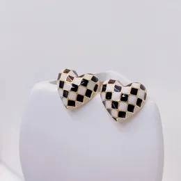 Stud Earrings 14K Real Gold Plating Korean Fashion Jewelry Simple Black White Oil Drop Checkerboard Love Elegant Women's