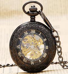 WholeElegant Glass Black Retro Roman Number Skeleton Dial Steampunk Mechanical Fob Pocket Watch With Chain For Men Women6311175