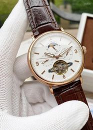 Wristwatches Luxury Mens Mechanical Watch Automatic Rose Gold Black Brown Leather Tourbillion Moon Phase Sport Watches