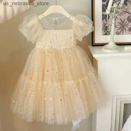 Girl's Dresses Girls Party Dress Toddler Summer Beige Cute Sequin Chiffon Dress Children Tutu Dress 1-8 Years Old Kids Birthday Party Clothes Q240418