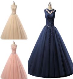 2023 Navy Champagne Vestidos De Quinceanera Dress Masquerade Ball Gowns With Short Sleeves Hollow Back Applique Beaded Prom Sweet 8002626