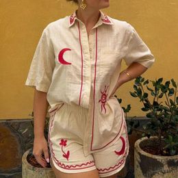 Women's Tracksuits Hirigin Summer Loungewear Set Sun Moon Pattern Short Sleeve Button Down Tops With Shorts Linen Matching Outfits