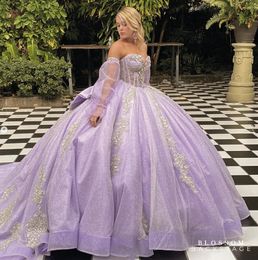 Lilac Lavender Princess Quinceanera Dresses with Long Sleeve Gillter Crystal Corset Lace-up vestidos de 15 anos Prom Sweet 16