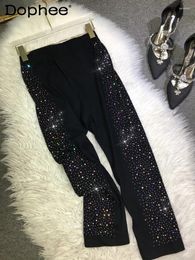 Women's Pants European Goods Drilling Leggings Women Shiny Black Elastic Waist Skinny 2024 Spring Summer Cropped