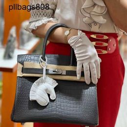 Designer Handmade 7a Handbag Bikns Genuine Leather Mist Faced Crocodile Skin Graphite Grey Womens Luxury 30CMMD78