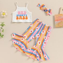 Clothing Sets Baby Girl 1st Birthday Outfits Letter Print Sleeveless Cami Tank Tops Flower Stripe Flare Pants Headband 3Pcs Clothes Set