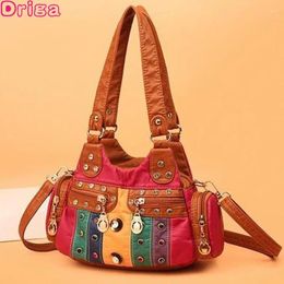 Shoulder Bags Driga Handbags For Women 2024 Fashion Retro One-Shoulder Female Bag Messenger Hit Colour Stitching Washed Leather