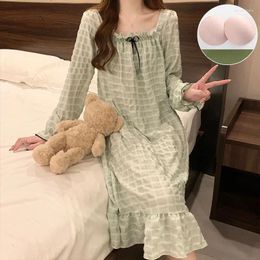 Women's Sleepwear Pyjama Dress Women Spring Autumn Long Sleeve Bubble Plaid Nightgown 2024 Ins Pullover Outerwear Casual Loose Sleep Home