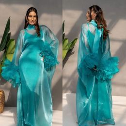 Simple Spaghetti Strap Sheath Prom Dresses 2 Pieces Organza Draped Pleat Evening Gown Ruffles Sleeve Saudi Arabia Maxi Dress