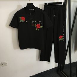 Women's Two Piece Top Pants Sets Fashion Luxury Designer Floral Embroidery T Shirt and Trousers Suits Casual Sporty Outfit Female Clothing Matching Set Black