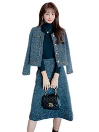 Women elegant Grey Colour padded coat and midi long Woollen cotton desinger skirt twinset 2 piece dress suit SMLXL