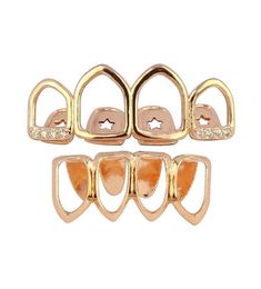 18K Real Gold Punk Hiphop Diamond Hollow Teeth Grillz Dental Mouth Iced Out Fang Grills Braces Tooth Cap Vampire Rapper Jewelry 641597511