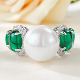 Cluster Rings European And American Rich Women's 12mm Beizhu Inlaid Imitation Emerald Egg Face Wedding Ring For Women