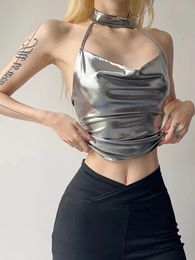 Silver Hanging Neck Summer Crop Tops For Women Clothing Backless Y2k Accessories Sleeveless Ropa De Mujer Slim Sexy Streetwear 240407