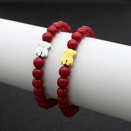 Natural Stone Elasticity Strands Beaded Bracelets for Women Men Lovely Stainless Steel Little Bear Charm Bracelet Couples Friendsh9192756