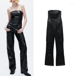 Women's Jumpsuits Summer Black Multi-Pocket Workwear Imitation Leather Long Tube Top