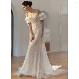 Runway Dresses Gorgeous Celebrity Off The Shoulder French Style Detachable Bow Satin Ivory Pearl Mermaid Cocktail Prom Evening Gowns