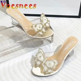 Pearl Women Pumps Crystal Butterfly High Heels Wedges Slipper Sexy Summer Party Wedding Sandals Brand Fashion Transparent Shoes