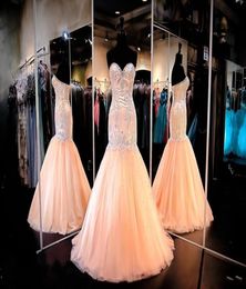 2018 Sexy Evening Dresses Wear Sweetheart Crystal Beads Mermaid Peach Tulle Long Corset Back Formal Vestidos Cheap Prom Party 7538407