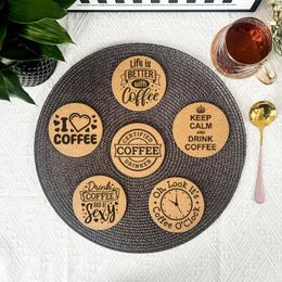 Table Mats 6pcs/Set Creative Engraved I Love Coffee Theme Pattern Round Cork Coasters For Cups Mugs Drink Holder And Tableware
