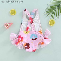 One-Pieces 1-6Y girl swimsuit childrens bikini summer sleeveless donut/ice printed bow pleated swimsuit baby beach suit Q240418