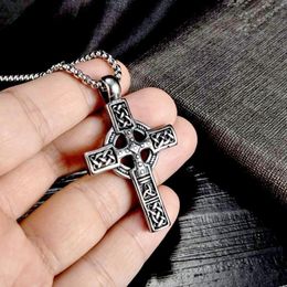 Pendant Necklaces Vintage Viking Celtic Knot Pattern Cross Necklace Men Stainless Steel Chain Jewellery Amulet WholePendant2763