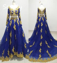 Party Dresses Two Pieces Royal Blue Prom Dress With Golden Lace Elegant Long Sleeve V Neck Evening 2024 Sweep Train Birthday Formal Gown