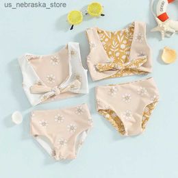 One-Pieces Summer toddler baby girl bikini set with floral print sleeves backless bow top+shorts swimsuit swimsuit Q240418