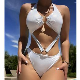 Women's Swimwear White Bikini Shiny Halter Bandage Push Up Swimsuit Brazilian Sexy Bikinis Sets Mujer Rings Beachwear Micro Bathing Suit
