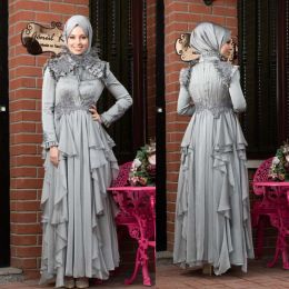 Muslim Evening Dresses 2024 Long Sleeves Appliques Ruffle Formal Prom Gowns Hijab Islamic Dubai Kaftan Saudi Arabic Party Dress