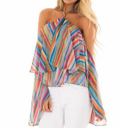 2018 Summer Womens Tops and Blouse Chiffon Rainbow Printed Long Sleeve Shirts Tunic Cold Shoulder Flare Sleeve Blouses8371390