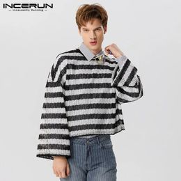 Men's T Shirts INCEURN Tops 2024 American Style Striped Knitted Design T-shirts Leisure Streetwear Long Sleeved Loose Camiseta S-5XL