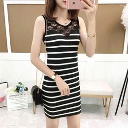 Casual Dresses Sexy Lace Hollow Out Spliced Midi Dress Women's Clothing Basic Round Neck 2024 Summer Striped Sleeveless Bag Hip Sundress