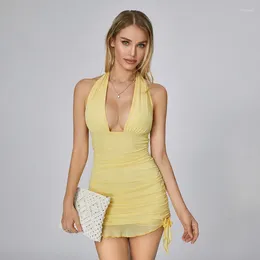 Casual Dresses Women Sexy Mini Bodycon Evening Party Dress Summer Clothes Solid Color Tie-Up Halter Sleeveless Ruched Backless