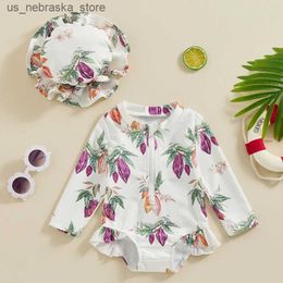 One-Pieces Preschool clothing baby clothing Rush protective swimsuits cute fruit prints baby pleats swimsuits with sun hats Q240418