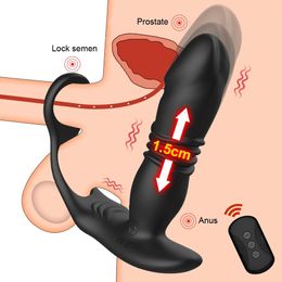 Wireless Remote Silicone Telescopic Vibrator Prostate Massager Delay Lock Ring Anal Butt Plug Sex Toys Dildo for Men Women Gay 240412