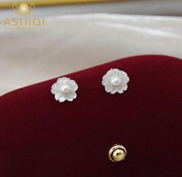 Stud ASHIQI Natural Freshwater Pearl Earrings 925 Sterling Silver Shell Flower Ladies Handmade Unique Gift8149964