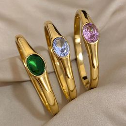 Bangle Oval Emerald Green Pink White Big Zircon Stainless Steel Golden Waterproof Style Jewelry For Women Cuff