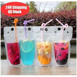 24H Ship 100Pcs Clear Drink Pouches Bags Frosted Zipper Stand-Up Plastic Drinking Bag Straw With Holder Reclosable Heat-Proof Fy4061 DHL 3-7 Days Delivery By15 2024