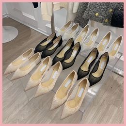 Luxury Mesh Diamond High Heels Shoes Women Flat Shoe New Colour Drill Sequins Designer Ladies Wedding Party White Breathable Crystal High-Heeled 7cm