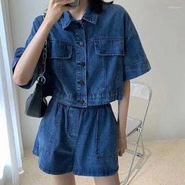 Women's Shorts Summer Retro Denim Suit For Women Korean Student Short Sleeve Top Loose Two-piece Set Fashion Female Y2K Clothing