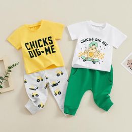 Clothing Sets Pudcoco Toddler Boys Summer Outfit Short Sleeve Letter Print Tops And Solid Color/Excavator Pants 0-3T