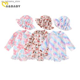 One-Pieces Ma baby 6M-5Y toddler baby swimsuit floral print long sleeved swimsuit hat summer childrens swimsuit set Q240418