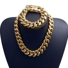 22mm Exaggerated Super-Wide Men Cuban Link Chain Jewlery Set Hip Hop Stainless Steel Choker Necklace Bracelet 18K Gold Plated 16&q174b