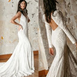 Fashion Mermaid Wedding Dresses Deep V Neck Long Sleeves Appliques Lace Bridal Gowns Custom Made Open Back Sweep Train Wedding Dress